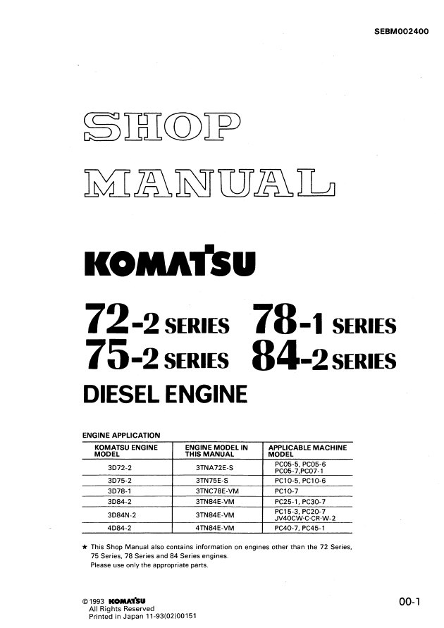 1993 KOMATSU 72-2 75-2 78-1 84-2 Series Diesel Engine Workshop Service Repair Manual 1993 KOMATSU 72-2 75-2 78-1 84-2 Series Diesel Engine Workshop Service Repair Manual