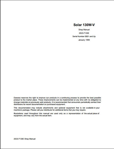 1999 Doosan Solar 130W-V Wheeled Excavator Workshop Service Repair Manual