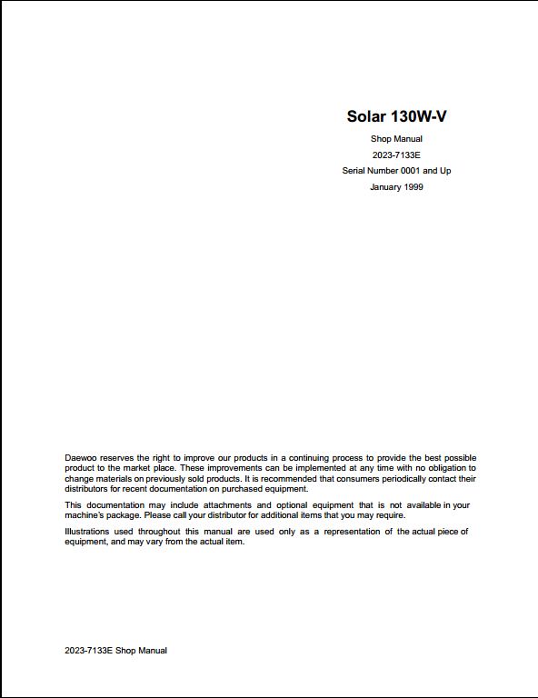 1999 Doosan Solar 130W-V Wheeled Excavator Workshop Service Repair Manual