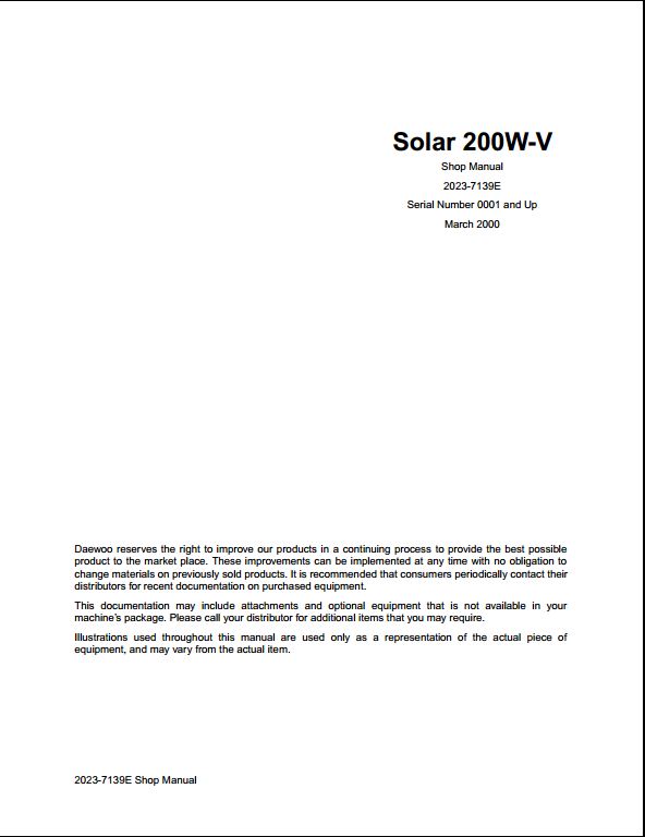 2000 Doosan Solar 200W-V Wheeled Excavator Workshop Service Repair Manual