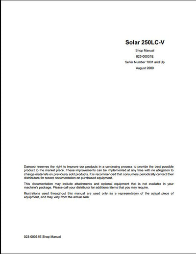 2000 Doosan Solar 250LC-V Crawled Excavator Workshop Service Repair Manual