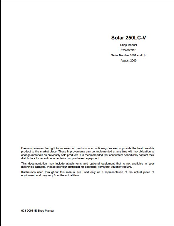 2000 Doosan Solar 250LC-V Crawled Excavator Workshop Service Repair Manual