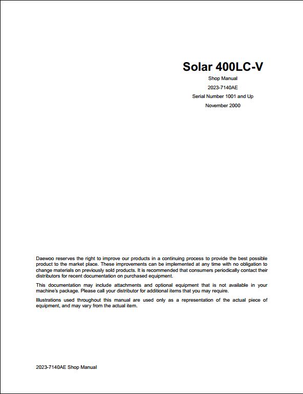 2000 Doosan Solar 400LC-V Crawled Excavator Workshop Service Repair Manual