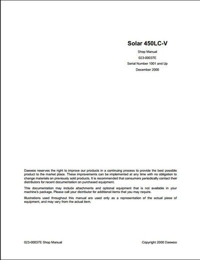 2000 Doosan Solar 450LC-V Crawled Excavator Workshop Service Repair Manual