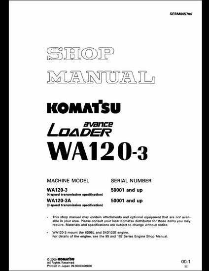  2000 Komatsu WA120-3 Wheel Loader Service Repair Shop Manual
