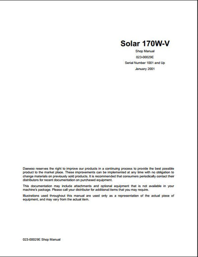 2001 Doosan Solar 170W-V Wheeled Excavator Workshop Service Repair Manual