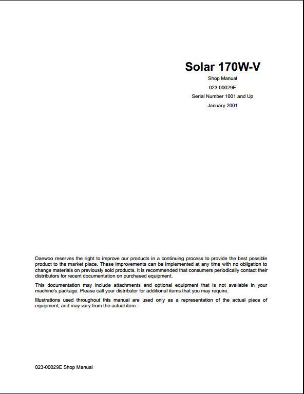 2001 Doosan Solar 170W-V Wheeled Excavator Workshop Service Repair Manual