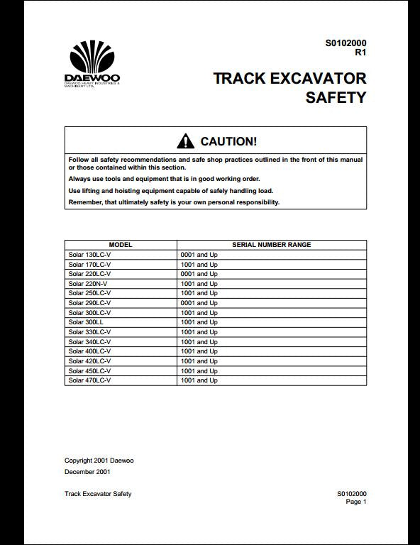 2001 Doosan Solar 420LC-V Crawled Excavator Workshop Service Repair Manual