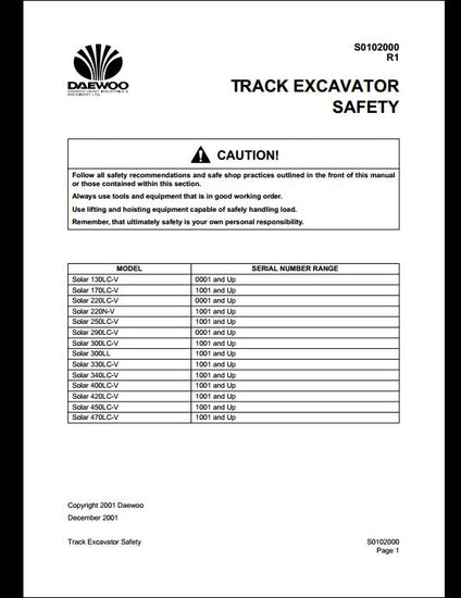  2001 Doosan Solar 470LC-V Crawled Excavator Workshop Service Repair Manual