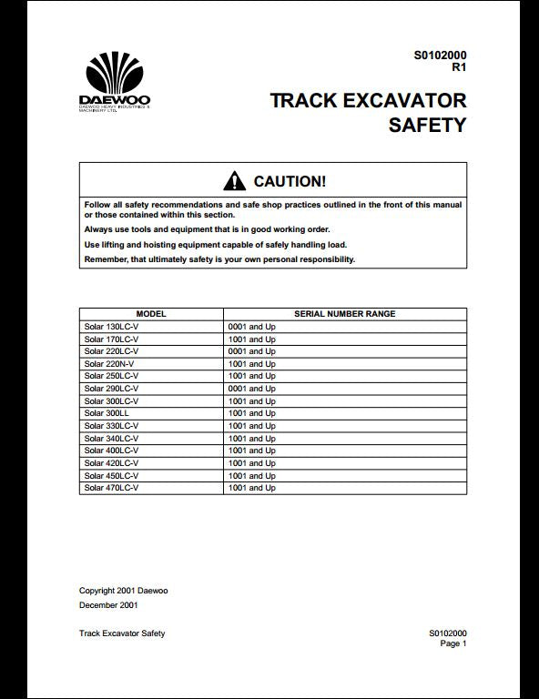 2001 Doosan Solar 470LC-V Crawled Excavator Workshop Service Repair Manual