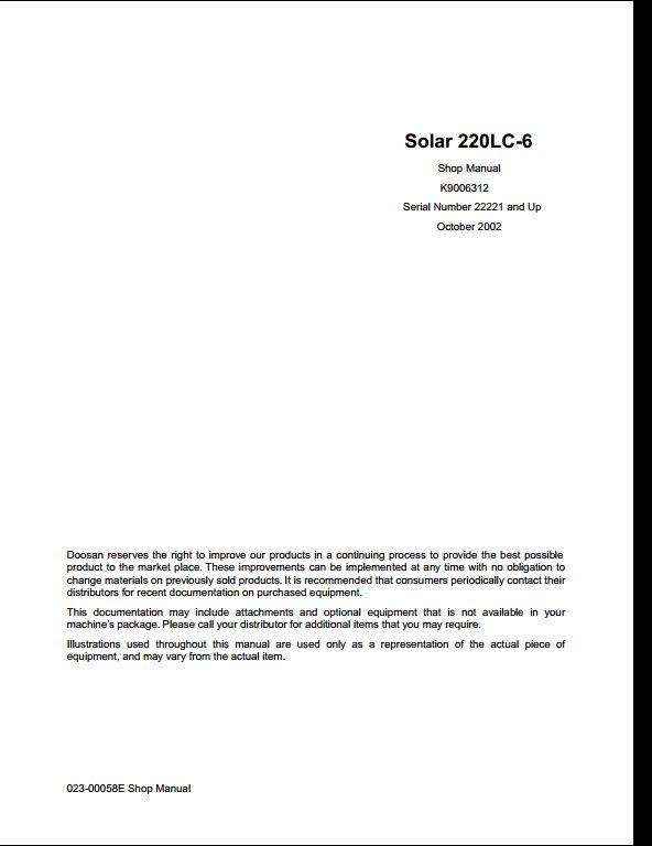 2002 Doosan Solar 220LC-6 Crawled Excavator Workshop Service Repair Manual