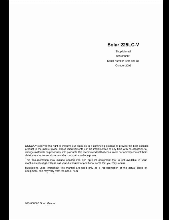 2002 Doosan Solar 225LC-V Crawled Excavator Workshop Service Repair Manual
