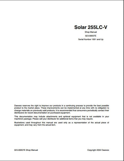  2002 Doosan Solar 255LC-V Crawled Excavator Workshop Service Repair Manual