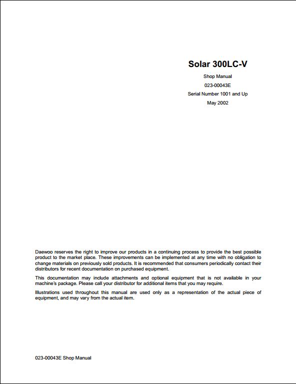 2002 Doosan Solar 300LC-V Crawled Excavator Workshop Service Repair Manual