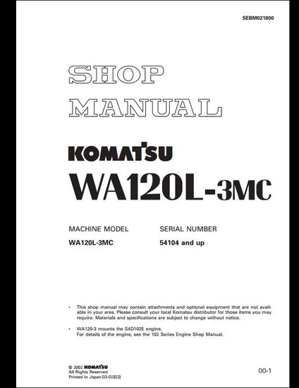  2002 Komatsu WA120L-3MC Wheel Loader Service Repair Shop Manual