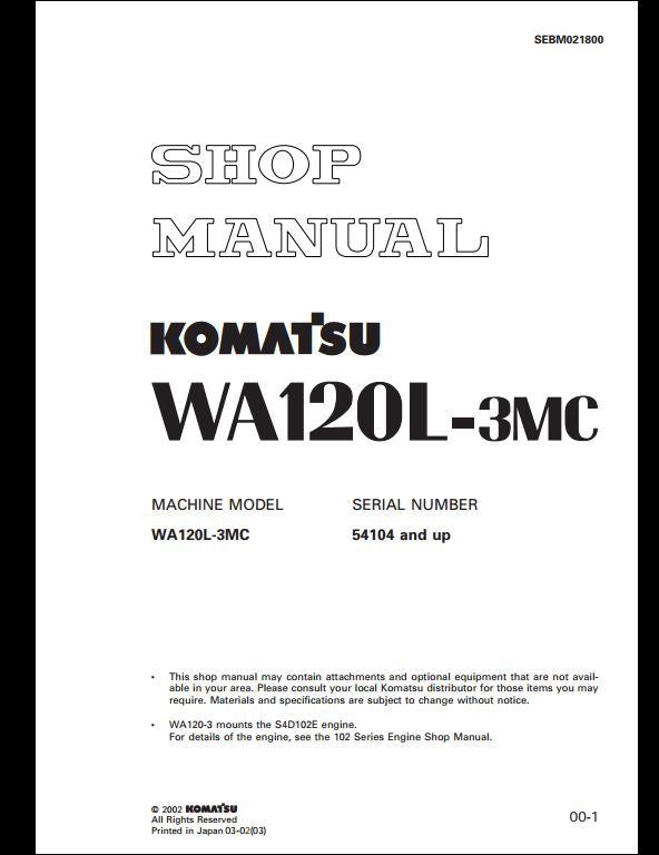 2002 Komatsu WA120L-3MC Wheel Loader Service Repair Shop Manual