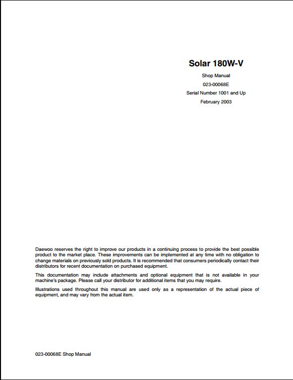 2003 Doosan Solar 180W-V Wheeled Excavator Workshop Service Repair Manual