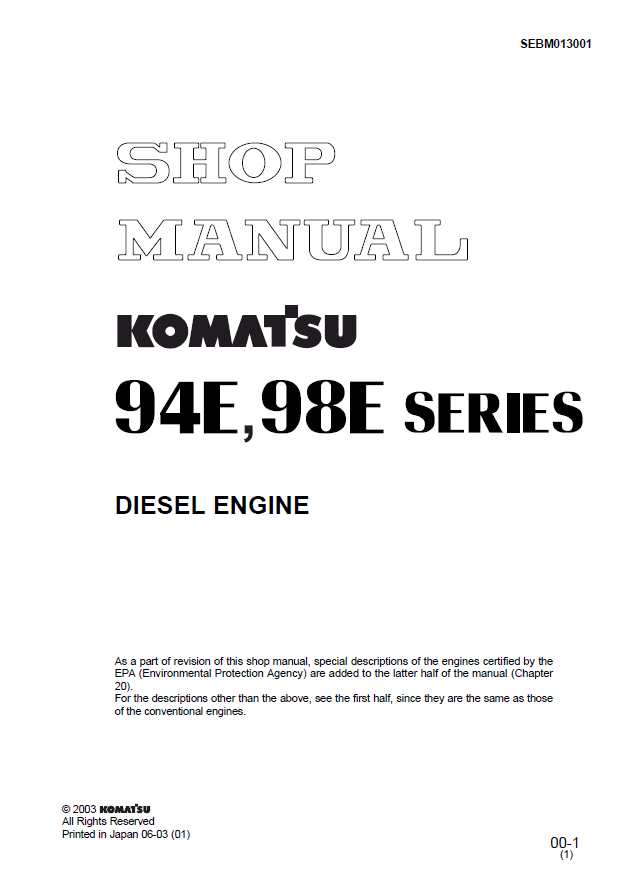 2003 KOMATSU 94E 98E Series Diesel Engine Workshop Service Repair Manual