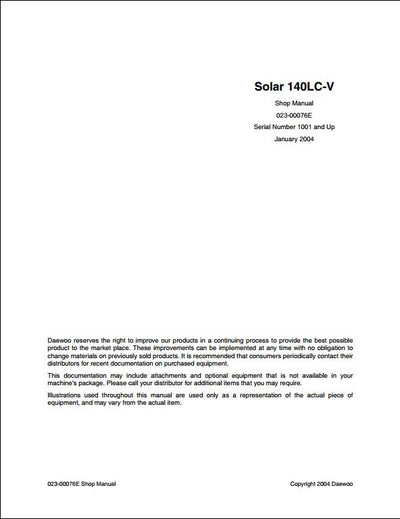 2004 Doosan Solar 140LC-V Crawled Excavator Workshop Service Repair Manual