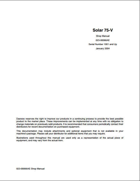2004 Doosan Solar 75-V Crawled Excavator Workshop Service Repair Manual