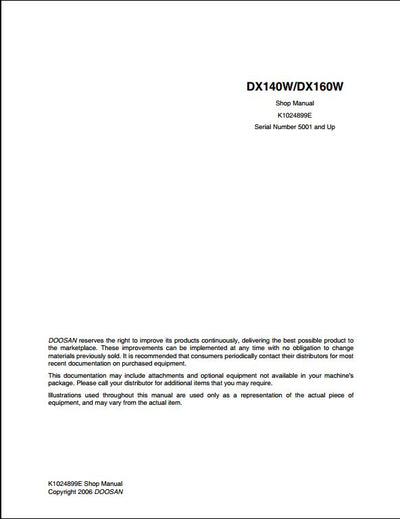 2006 Doosan DX140W, DX160W Wheeled Excavator Workshop Service Repair Manual