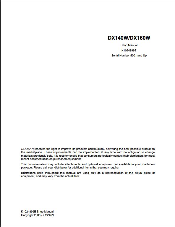 2006 Doosan DX140W, DX160W Wheeled Excavator Workshop Service Repair Manual