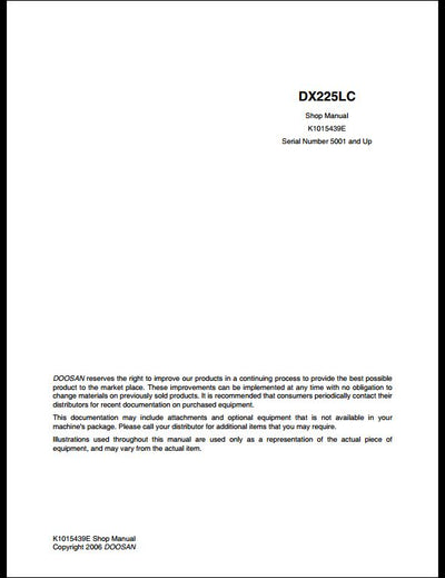 2006 Doosan DX225LC Crawled Excavator Workshop Service Repair Manual