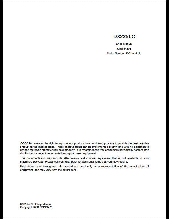 2006 Doosan DX225LC Crawled Excavator Workshop Service Repair Manual