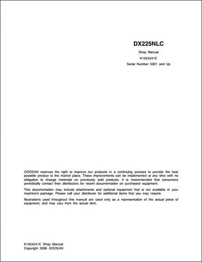 2006 Doosan DX225NLC Crawled Excavator Workshop Service Repair Manual