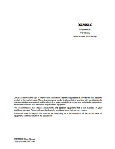 2006 Doosan DX255LC Crawled Excavator Workshop Service Repair Manual