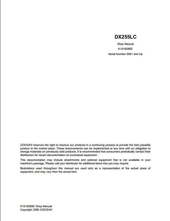 2006 Doosan DX255LC Crawled Excavator Workshop Service Repair Manual