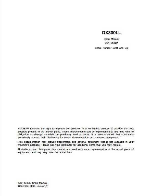 2006 Doosan DX300LL Crawled Excavator Workshop Service Repair Manual