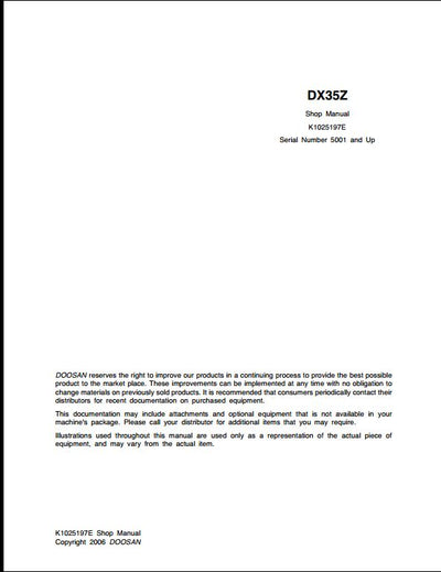2006 Doosan DX35Z Crawled Excavator Workshop Service Repair Manual