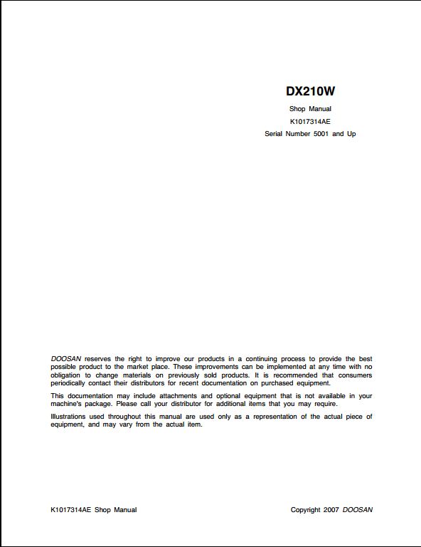 2007 Doosan DX210W Wheeled Excavator Workshop Service Repair Manual