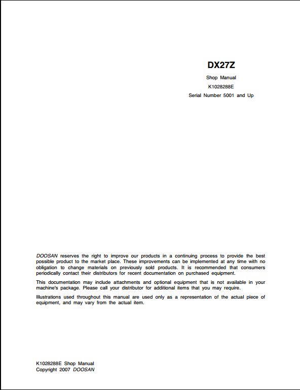 2007 Doosan DX27Z Crawled Excavator Workshop Service Repair Manual