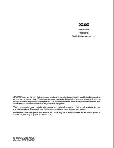 2007 Doosan DX30Z Crawled Excavator Workshop Service Repair Manual