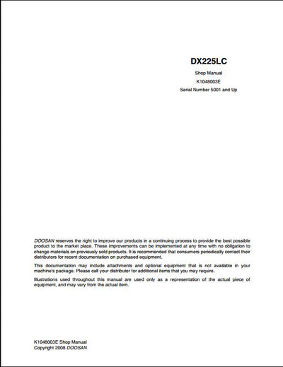 2008 Doosan DX225LC Crawled Excavator Workshop Service Repair Manual