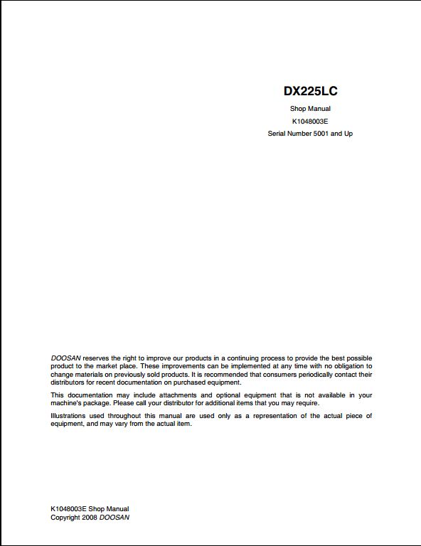 2008 Doosan DX225LC Crawled Excavator Workshop Service Repair Manual