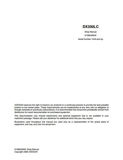 2008 Doosan DX300LC Crawled Excavator Workshop Service Repair Manual
