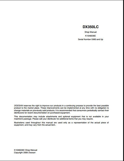 2008 Doosan DX350LC Crawled Excavator Workshop Service Repair Manual
