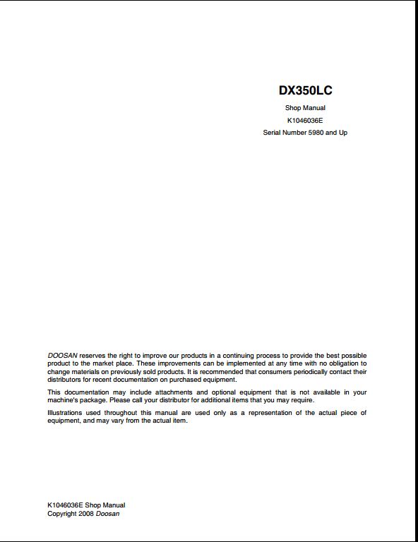 2008 Doosan DX350LC Crawled Excavator Workshop Service Repair Manual