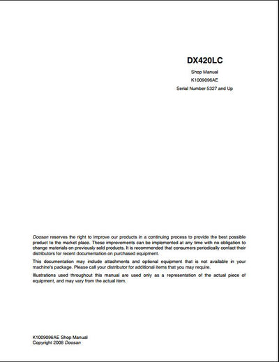 2008 Doosan DX420LC Crawled Excavator Workshop Service Repair Manual