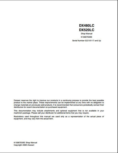 2008 Doosan DX480LC, DX520LC Crawled Excavator Workshop Service Repair Manual