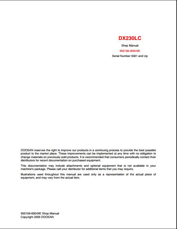 2009 Doosan DX230LC Crawled Excavator Workshop Service Repair Manual