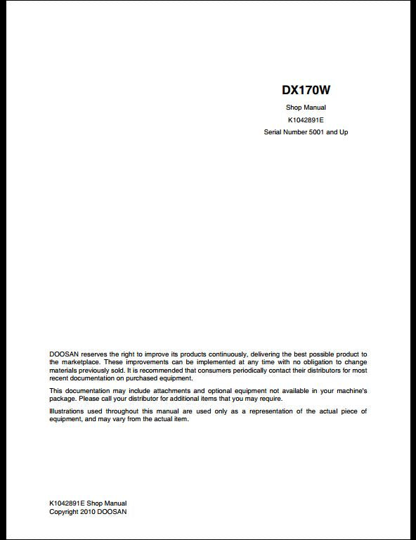 2010 Doosan DX170W Wheeled Excavator Workshop Service Repair Manual