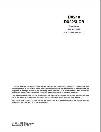 2010 Doosan DX210, DX225LCB Crawled Excavator Workshop Service Repair Manual