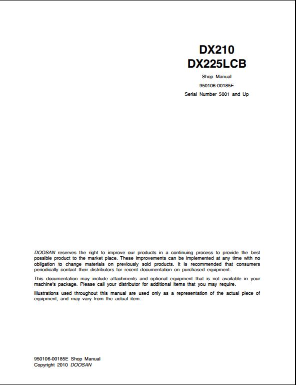 2010 Doosan DX210, DX225LCB Crawled Excavator Workshop Service Repair Manual