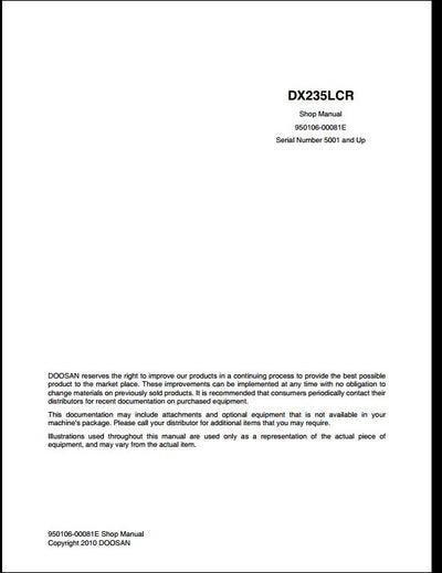 2010 Doosan DX235LCR Crawled Excavator Workshop Service Repair Manual