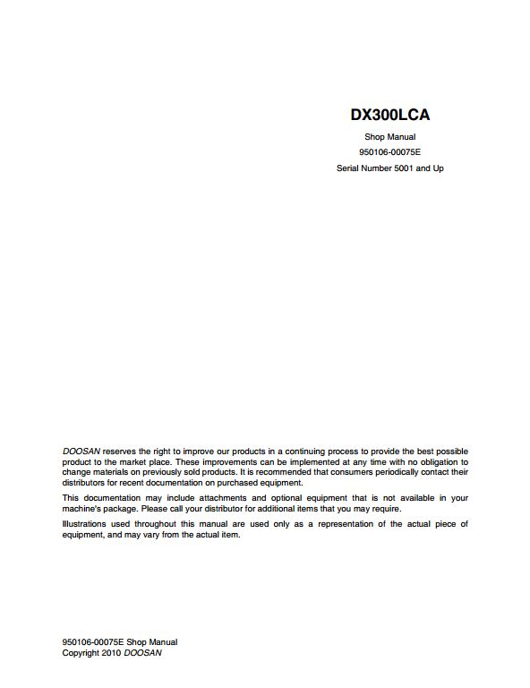 2010 Doosan DX300LCA Crawled Excavator Workshop Service Repair Manual