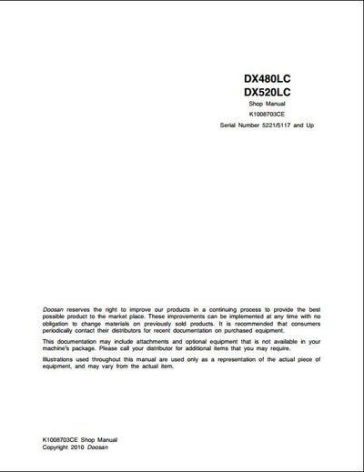 2010 Doosan DX480LC, DX520LC Crawled Excavator Workshop Service Repair Manual
